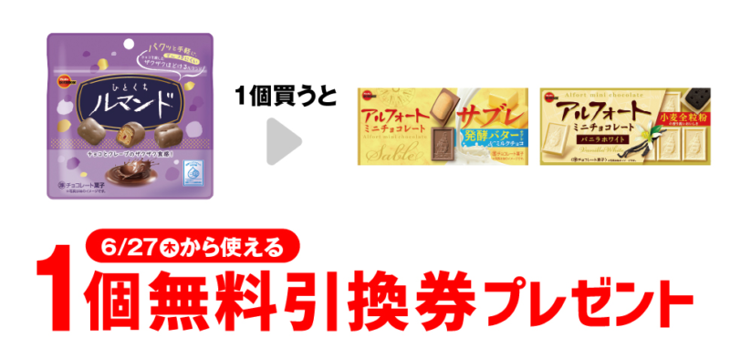 「ブルボン アルフォートミニチョコレート」がもらえるキャンペーン　セブンイレブン『1個買うと1個無料』レシートクーポン