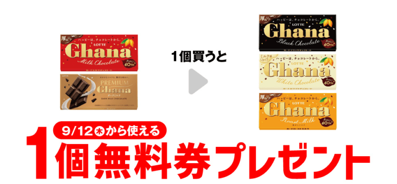 ロッテ ガーナ チョコがもらえるキャンペーン　セブンイレブン『1個買うと1個無料』レシートクーポン