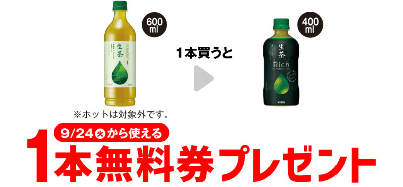 キリン 生茶 Richがもらえるキャンペーン　セブンイレブン『1個買うと1個無料』レシートクーポン