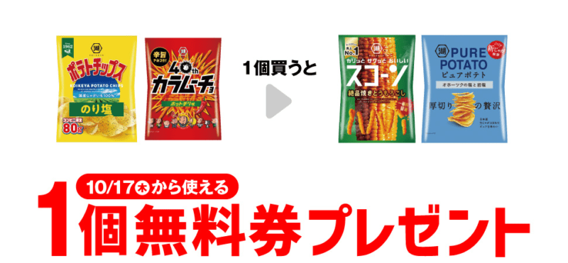 湖池屋 スコーン 絶品焼きとうもろこし、ピュアポテト オホーツクの塩と岩塩がもらえるキャンペーン　セブンイレブン『1個買うと1個無料』レシートクーポン