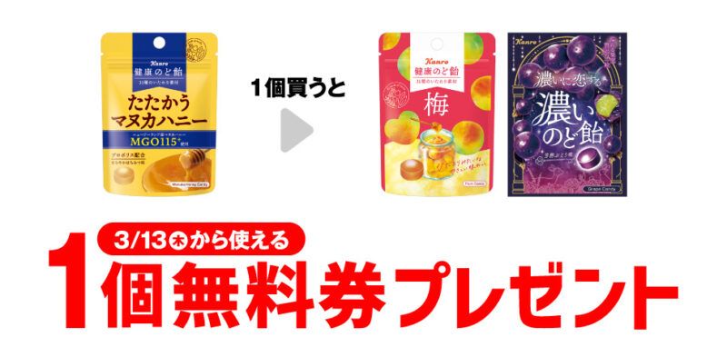 カンロ 健康のど飴/濃いに恋する濃いのど飴 芳醇ぶどう味 小袋がもらえるキャンペーン　セブンイレブン『1個買うと1個無料』レシートクーポン