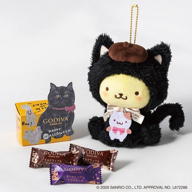 ゴディバ ブラックキャット コレクション G クリスピーショコラ アソートメント 3粒入+ポムポムプリン ぬいぐるみチャーム オンラインショップ限定 ゴディバ(GODIVA)ハロウィン!サンリオ『ポムポムプリン、クロミ』コラボ2026年